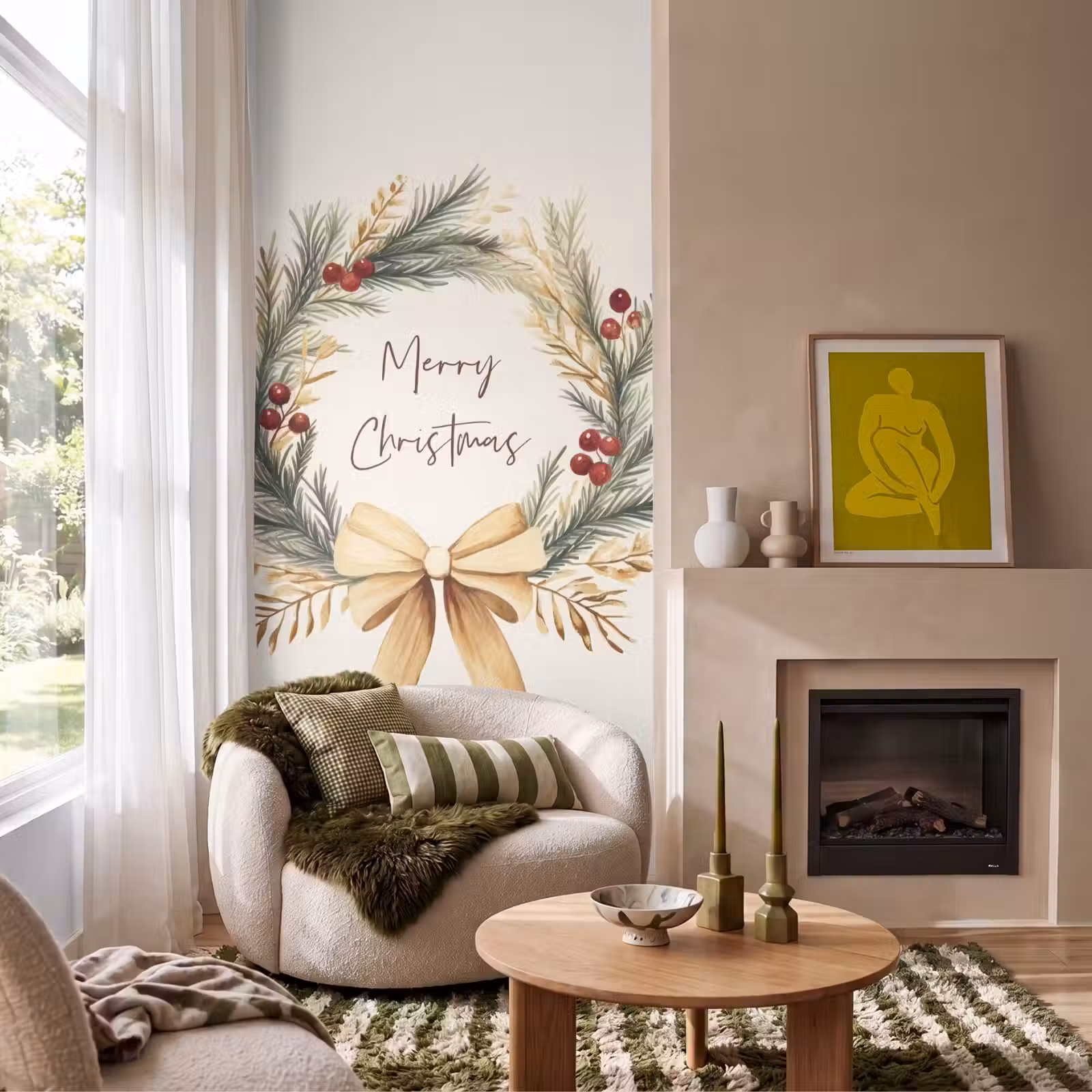 Behang - Kerstkrans - Kerst - Goud - Beige — 1