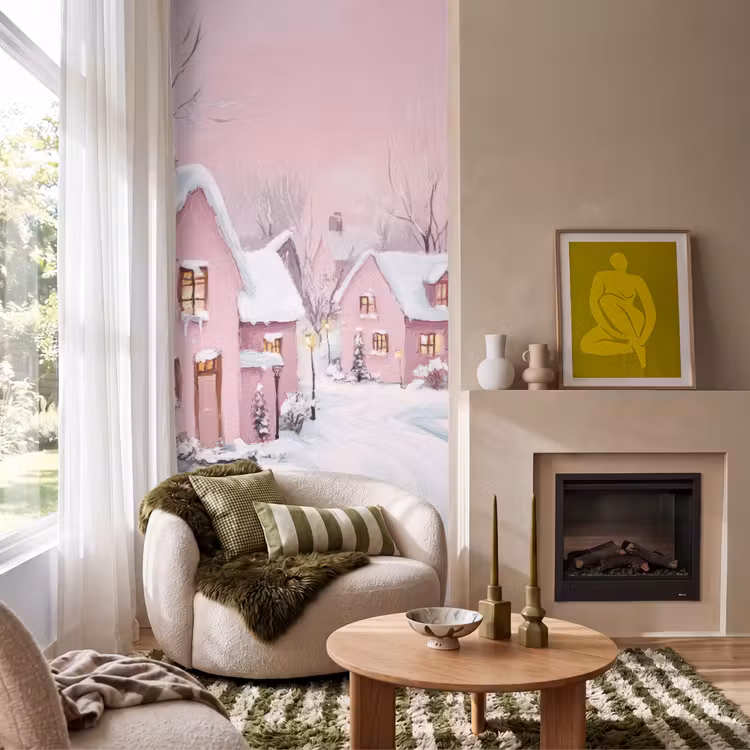 Behang - Kerstdorp - Roze - Winter - Sneeuw - Huizen — 1
