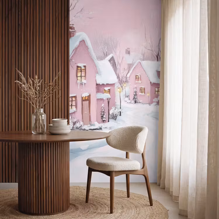 Behang - Kerstdorp - Roze - Winter - Sneeuw - Huizen — 4