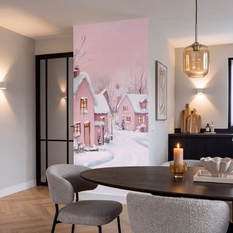 Behang - Kerstdorp - Roze - Winter - Sneeuw - Huizen — 5