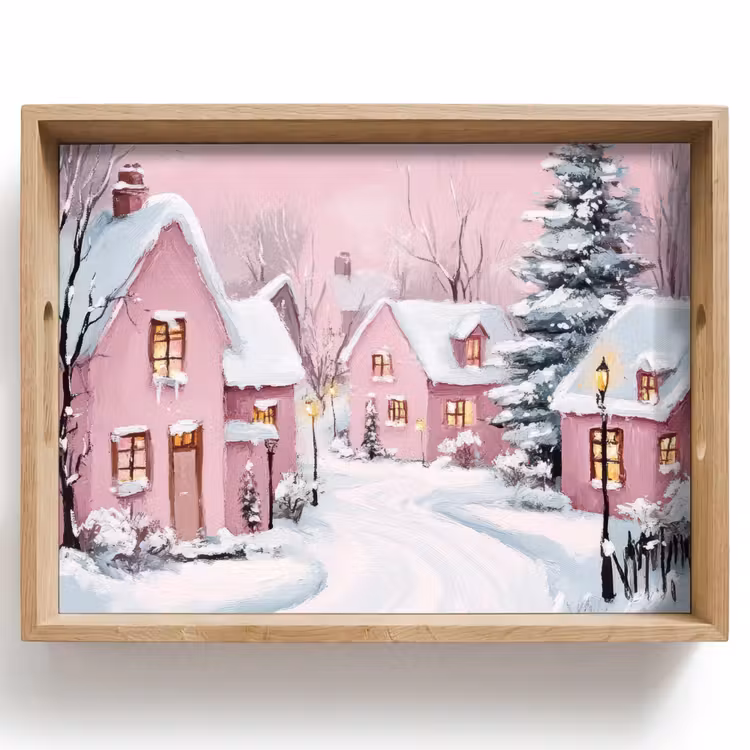 Dienblad - Kerstdorp - Roze - Winter - Sneeuw - Huizen — 1