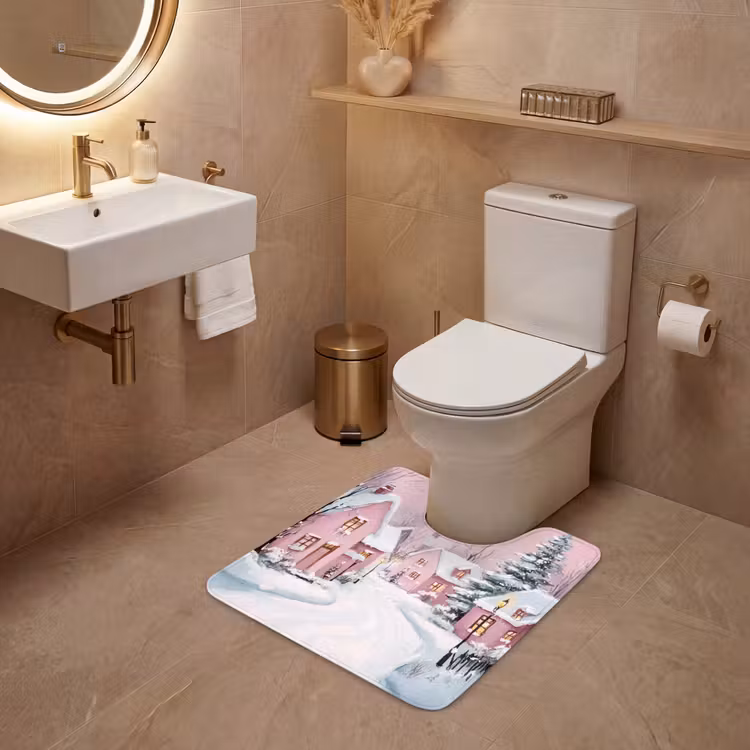 WC Mat - Kerstdorp - Roze - Winter - Sneeuw - Huizen — 3