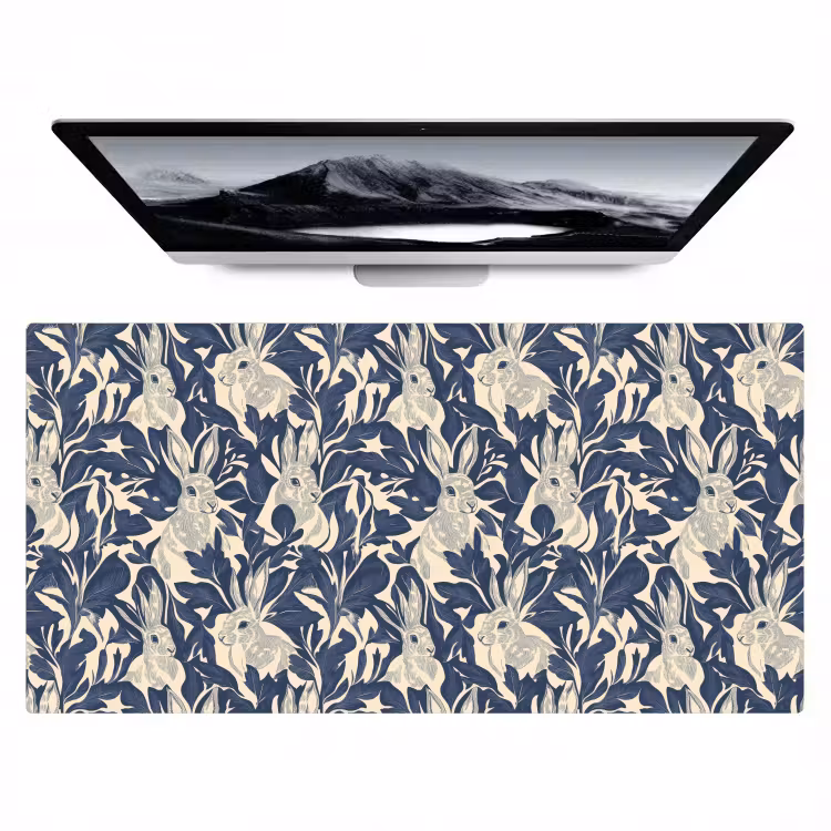 Bureau onderlegger - Hazen - Bladeren - Patroon - Blauw - Beige — 1