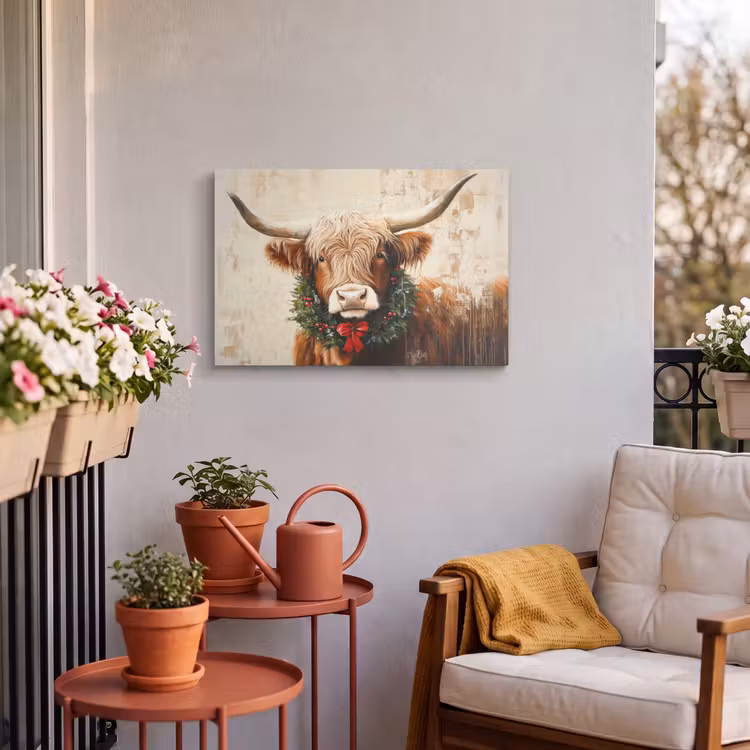 Buiten canvas - Kerst - Schotse Hooglander - Bruin - Krans — 3