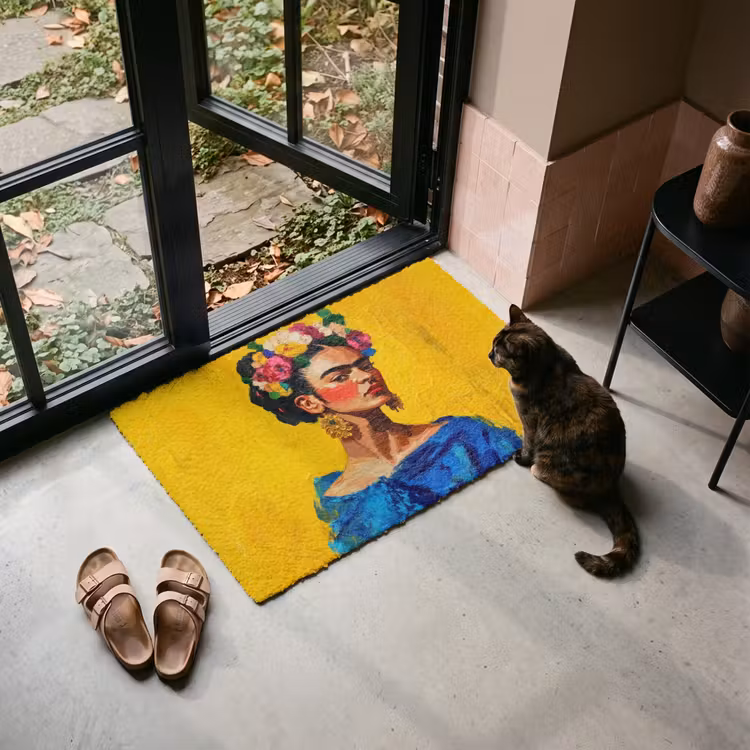 Deurmat - Frida Kahlo - Vrouw - Geel - Blauw - Bloemen — 2