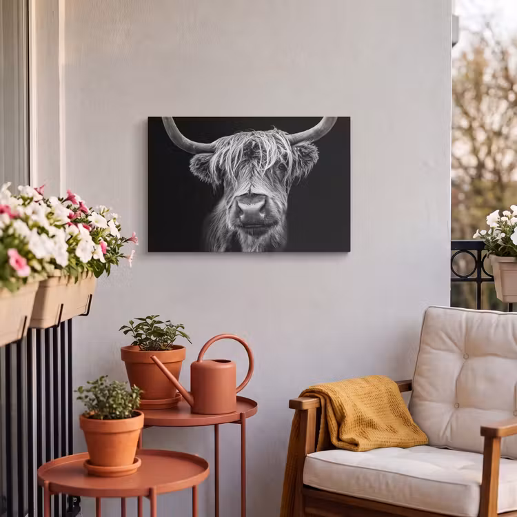 Buiten canvas - Schotse Hooglander - Horens - Zwart - Wit - Koe - Wild - Dieren — 3