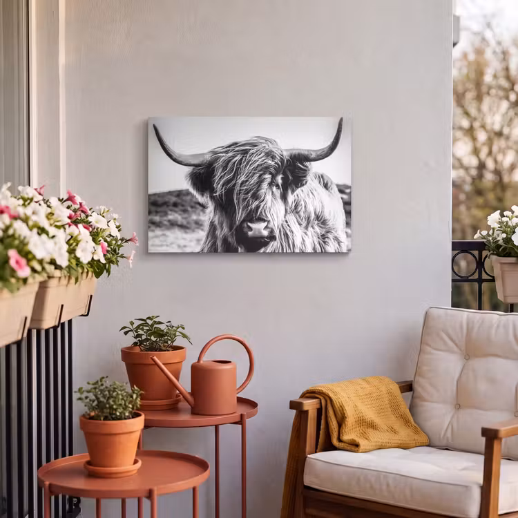 Buiten canvas - Koe - Schotse hooglander - Zwart - Wit - Dier - Natuur - Wild — 3