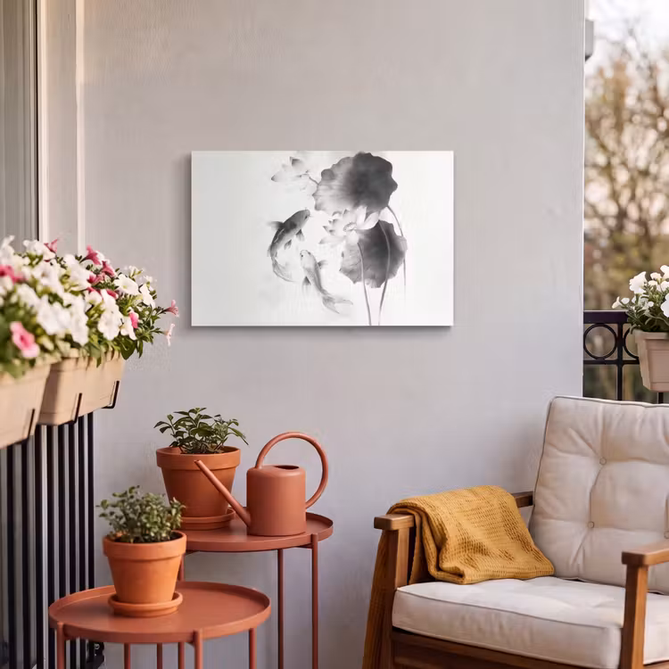 Buiten canvas - Lotusbloemen - Vissen - Bladeren - Zwart — 3