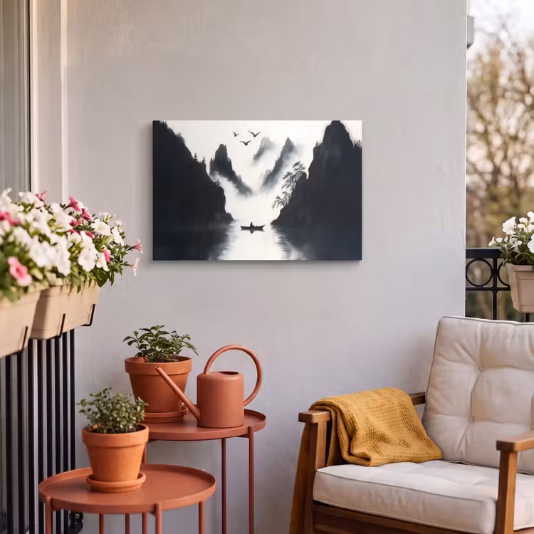 Buiten canvas - Roeiboot - Mistig - Bergen - Vogels — 3