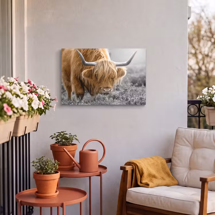 Buiten canvas - Schotse Hooglander - Dieren - Bruin - Koe - Zwart - Wit - Natuur — 3