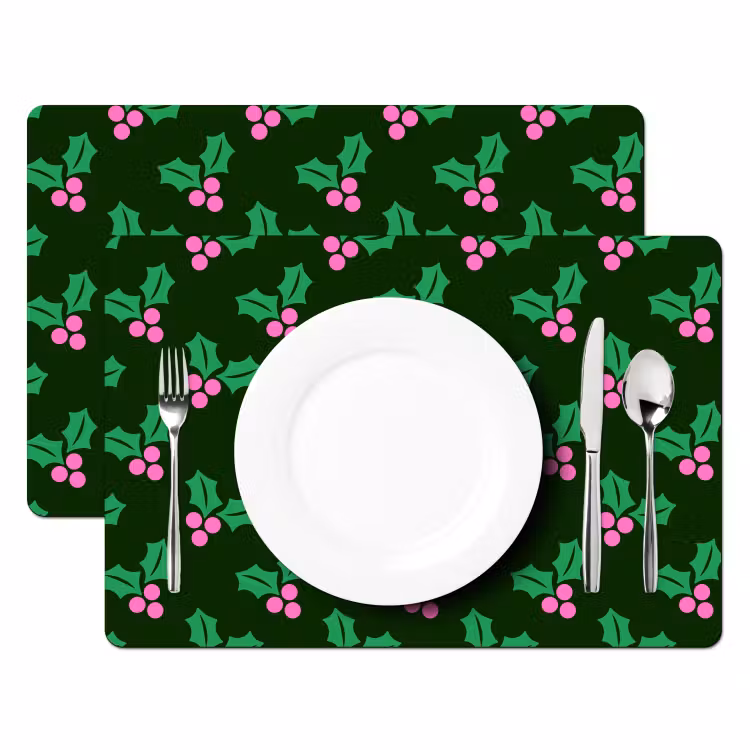 Placemat - 6 stuks - Hulst - Groen - Roze - Kerst — 2