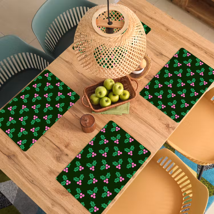Placemat - 6 stuks - Hulst - Groen - Roze - Kerst — 6
