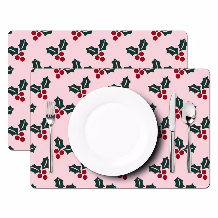 Placemat - 6 stuks - Kerst - Hulst - Groen - Roze — 2