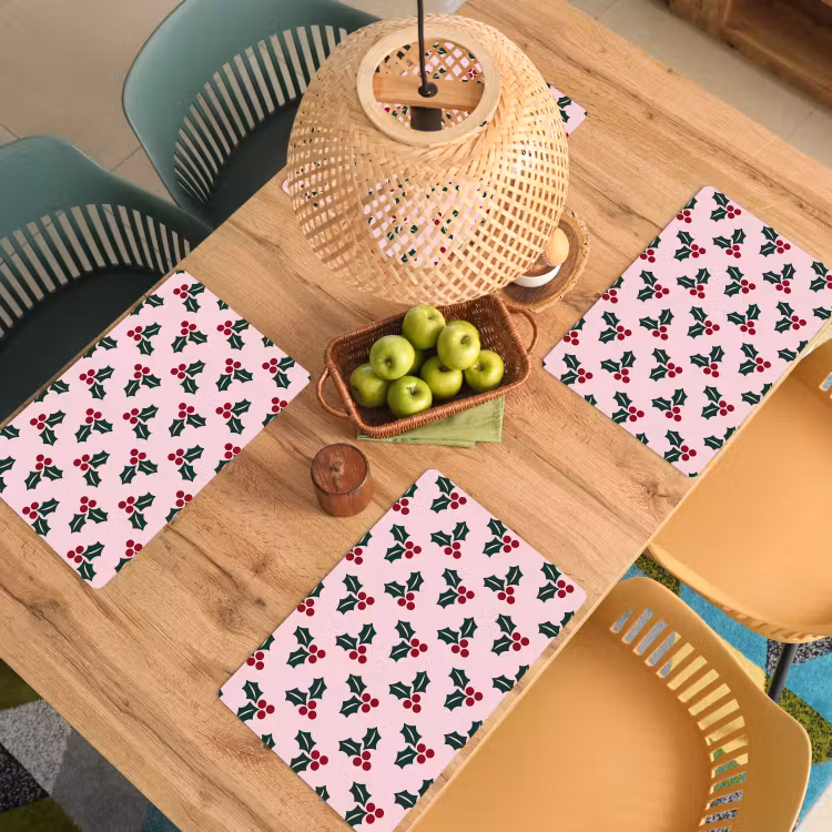 Placemat - 6 stuks - Kerst - Hulst - Groen - Roze — 6