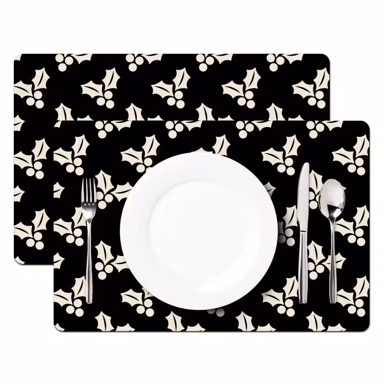 Placemat - 6 stuks - Kerst - Zwart - Wit - Hulst — 2