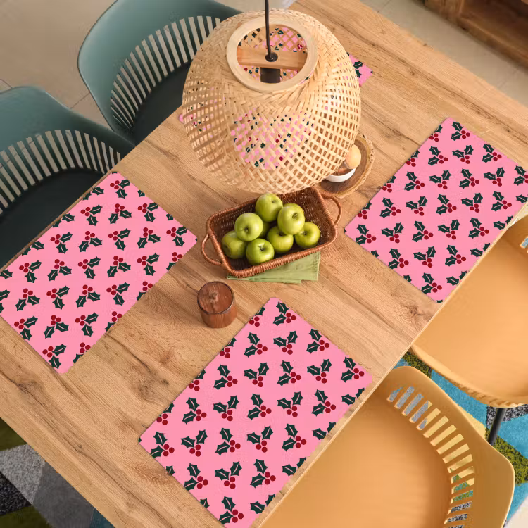 Placemat - 6 stuks - Roze - Kerst - Hulst — 6