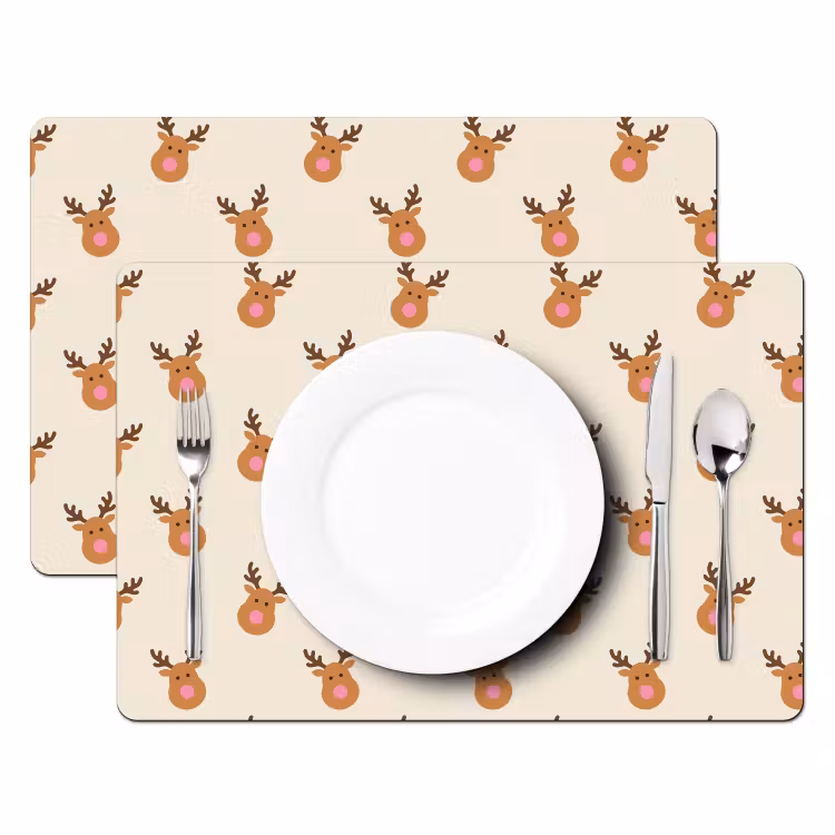 Placemat - 6 stuks - Rendieren - Kerst - Crème - Roze — 2