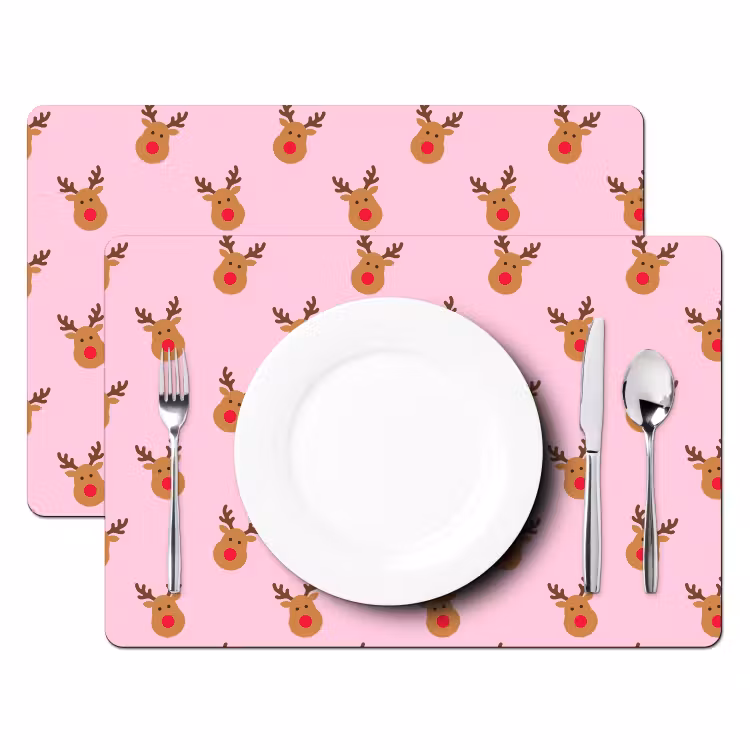 Placemat - 6 stuks - Rendieren - Kerst - Roze - Rood — 2