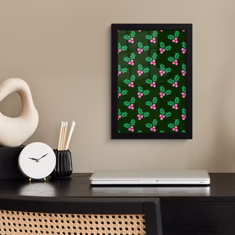 Poster met lijst - Hulst - Groen - Roze - Kerst — 3