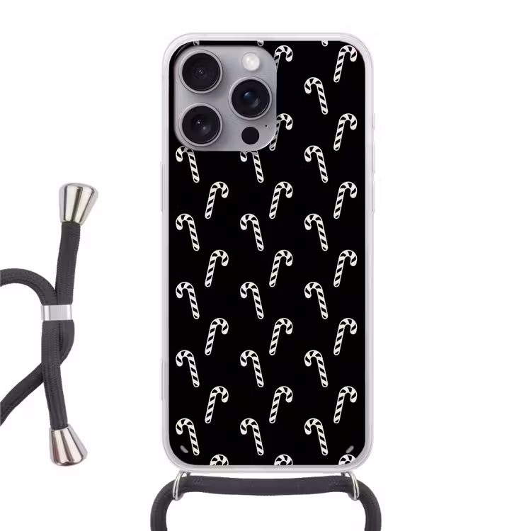 Telefoonhoesje met koord - Kerst - Zwart - Wit - Zuurstok — 1