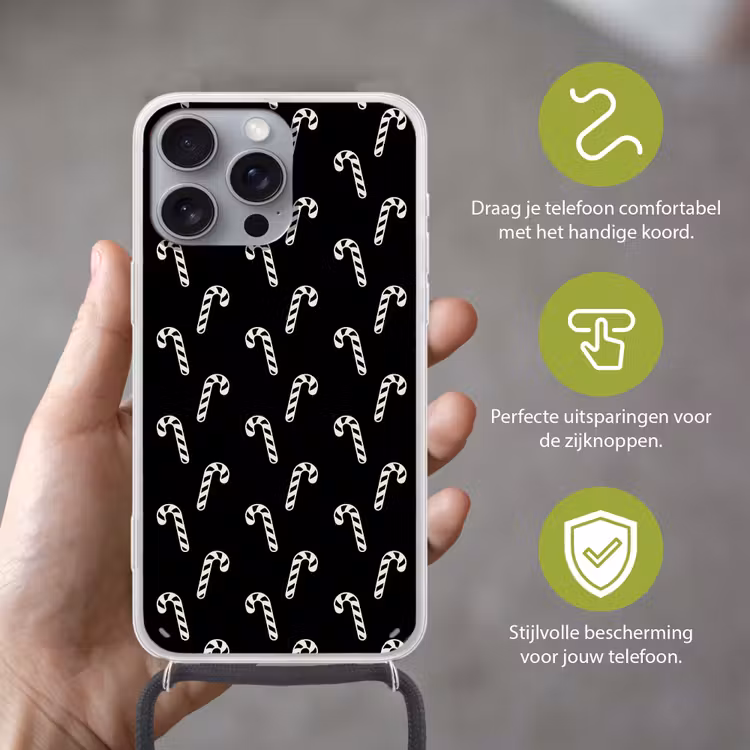 Telefoonhoesje met koord - Kerst - Zwart - Wit - Zuurstok — 4