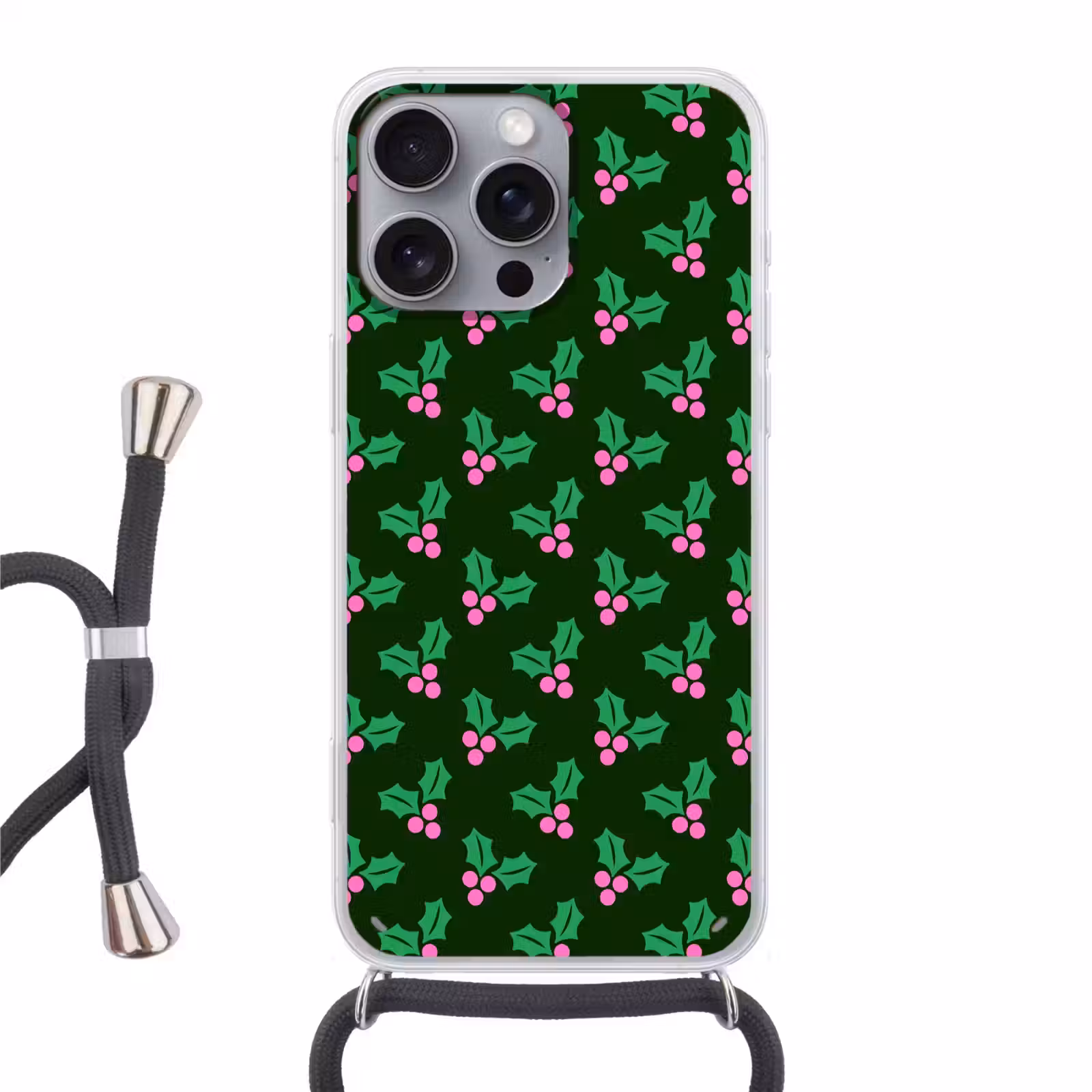Telefoonhoesje met koord - Hulst - Groen - Roze - Kerst — 1
