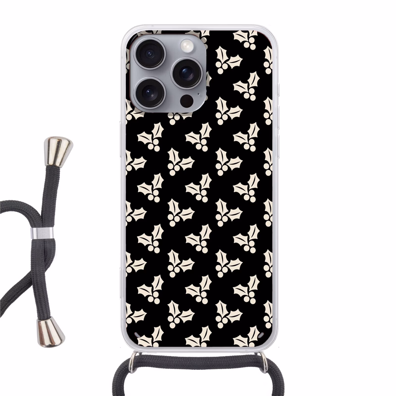 Telefoonhoesje met koord - Kerst - Zwart - Wit - Hulst — 1
