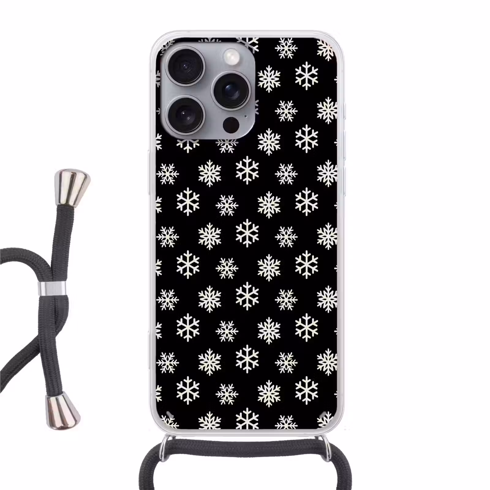 Telefoonhoesje met koord - Sneeuwvlok - Zwart - Wit - Kerst — 1