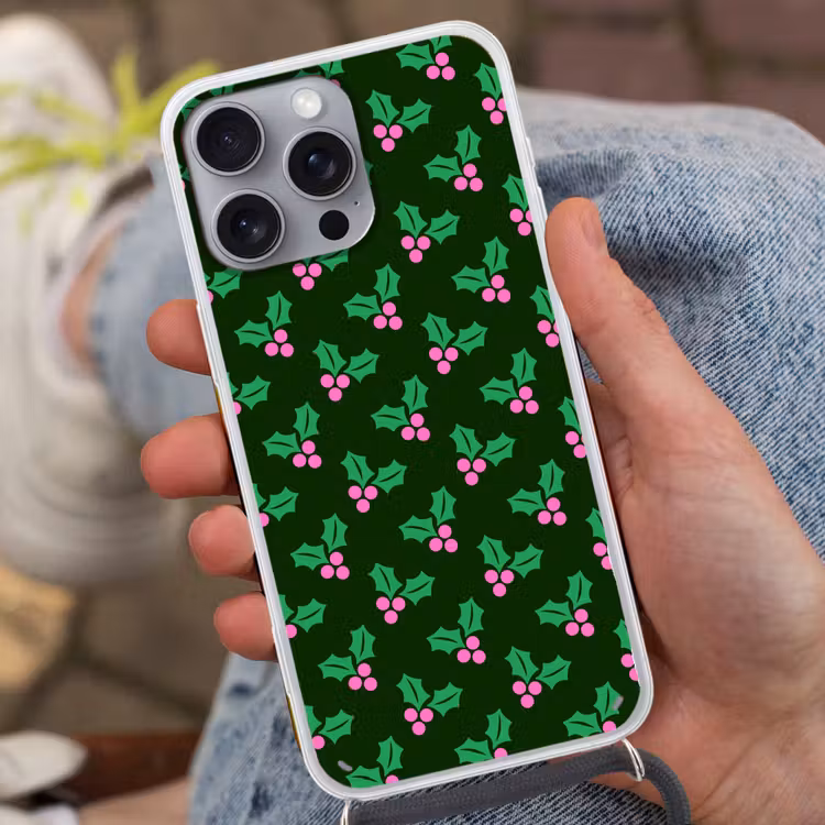 Telefoonhoesje met koord - Hulst - Groen - Roze - Kerst — 2