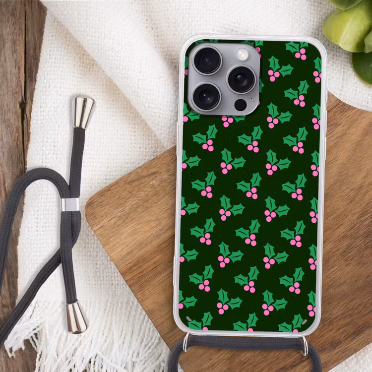 Telefoonhoesje met koord - Hulst - Groen - Roze - Kerst — 3