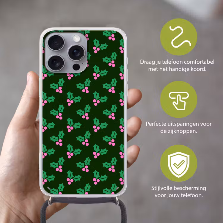 Telefoonhoesje met koord - Hulst - Groen - Roze - Kerst — 4