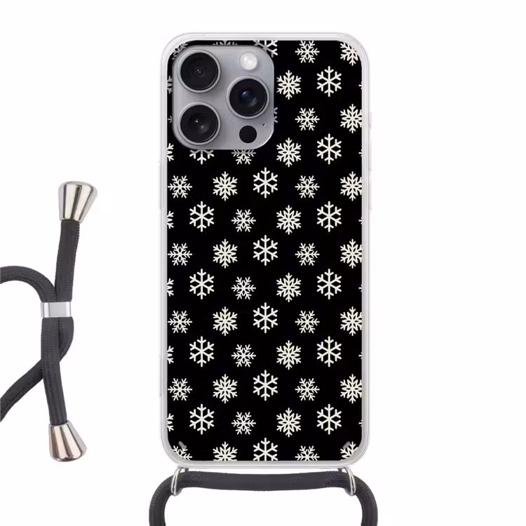 Telefoonhoesje met koord - Sneeuwvlok - Zwart - Wit - Kerst — 1