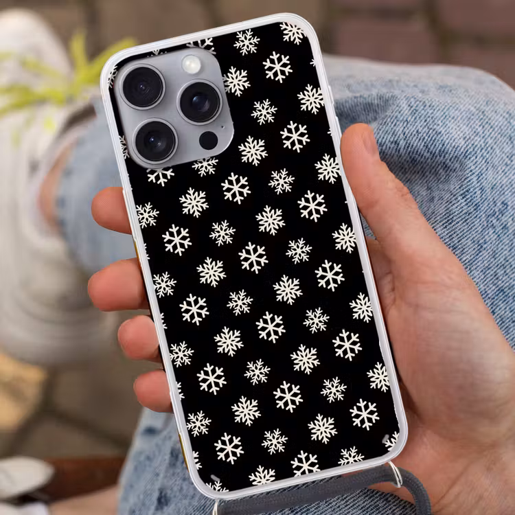 Telefoonhoesje met koord - Sneeuwvlok - Zwart - Wit - Kerst — 2