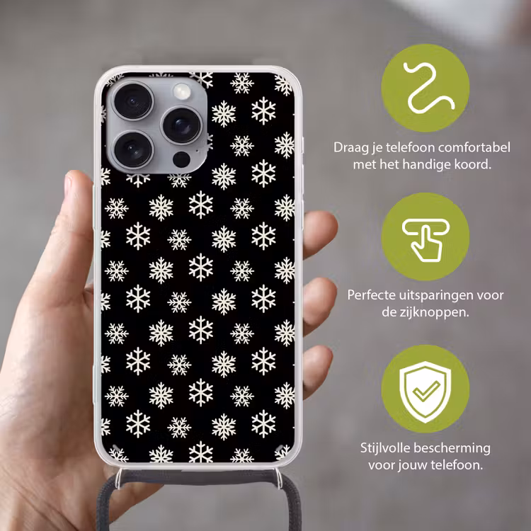 Telefoonhoesje met koord - Sneeuwvlok - Zwart - Wit - Kerst — 4
