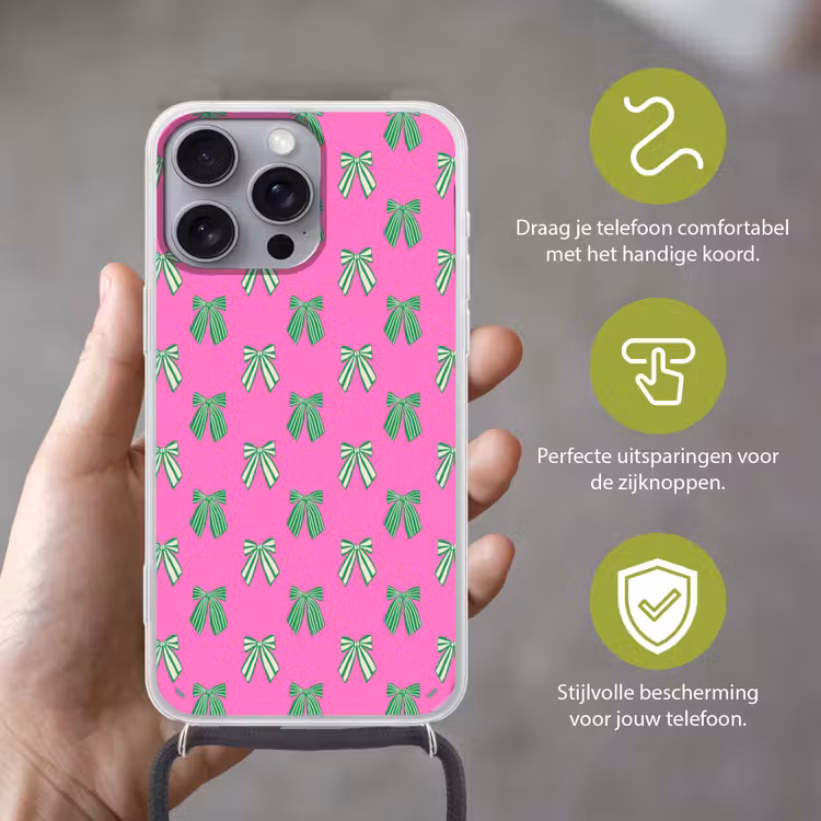 Telefoonhoesje met koord - Strikken - Kerst - Neon - Roze - Groen — 4