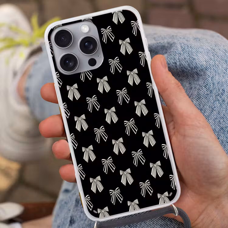 Telefoonhoesje met koord - Strikken - Kerst - Crème - Zwart — 2