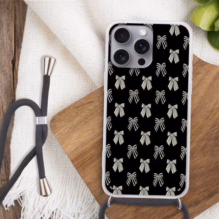 Telefoonhoesje met koord - Strikken - Kerst - Crème - Zwart — 3