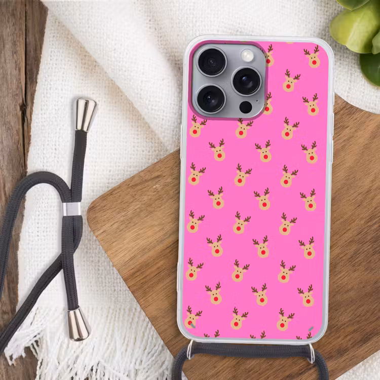 Telefoonhoesje met koord - Rendieren - Kerst - Neon - Roze — 3