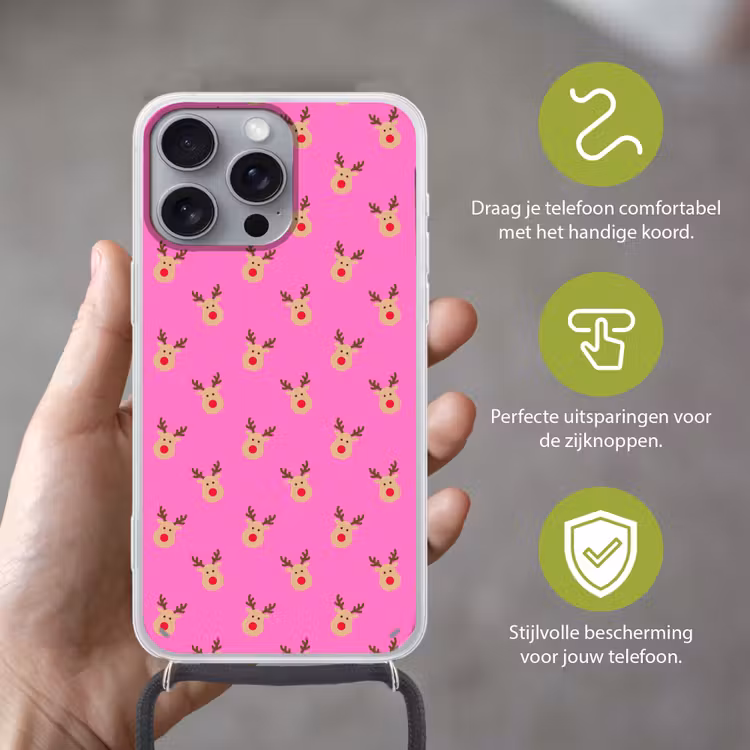 Telefoonhoesje met koord - Rendieren - Kerst - Neon - Roze — 4