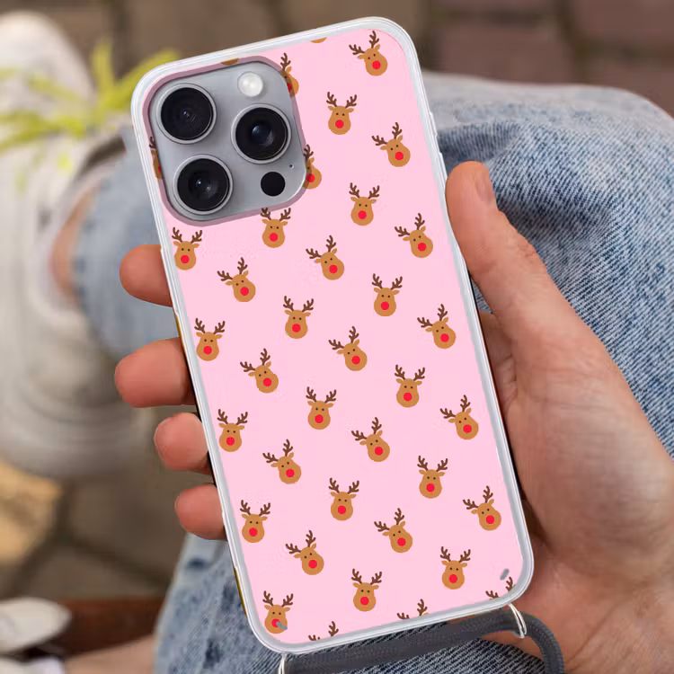 Telefoonhoesje met koord - Rendieren - Kerst - Roze - Rood — 2