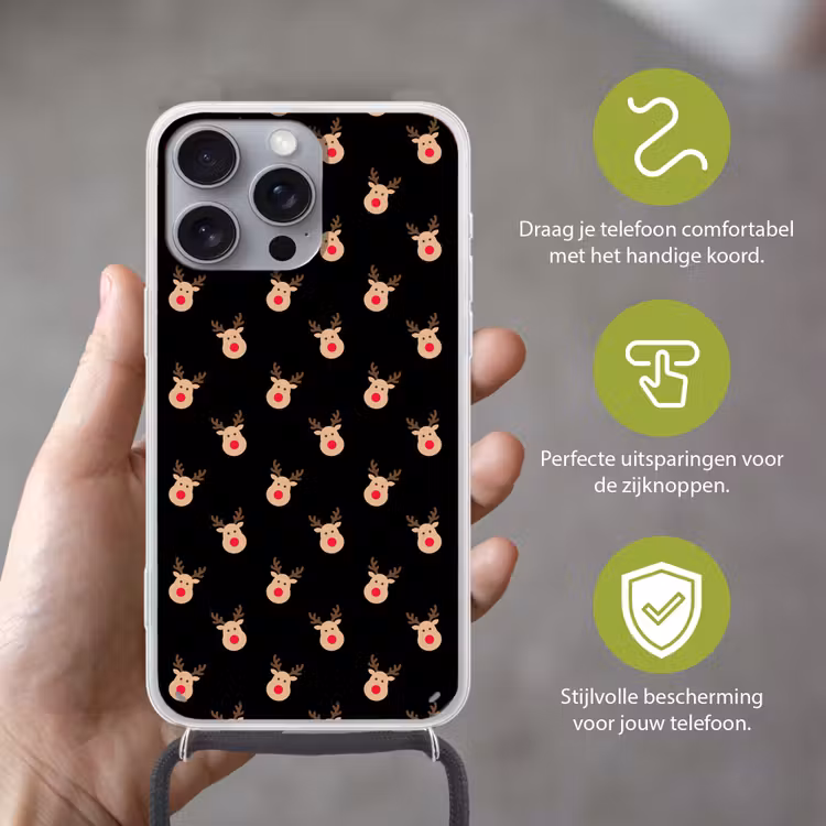 Telefoonhoesje met koord - Rendieren - Kerst - Zwart — 4
