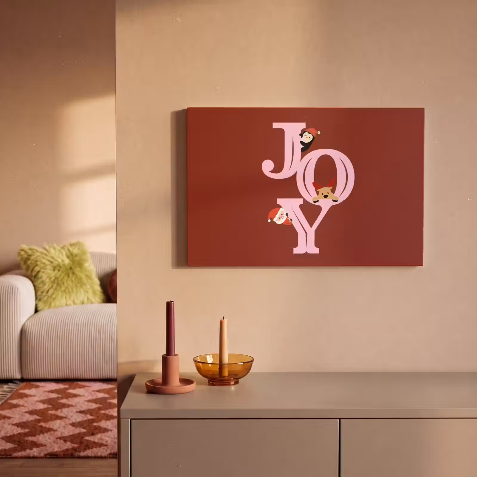 Canvas schilderij - Joy - Kerst - Animatie - Rood - Roze — 1