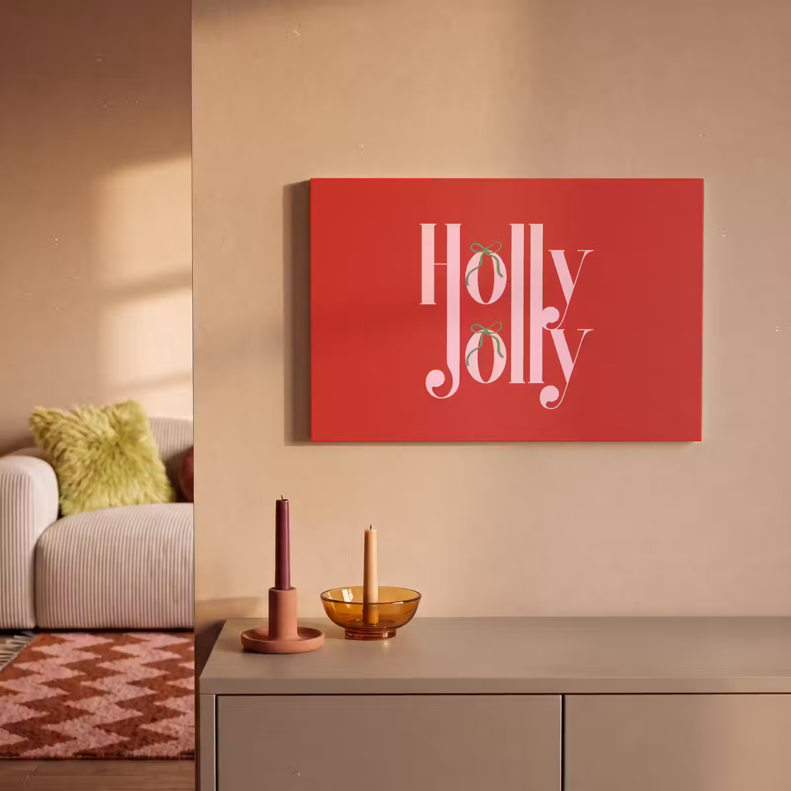Canvas schilderij - Kerst - Roze - Rood - Tekst — 1