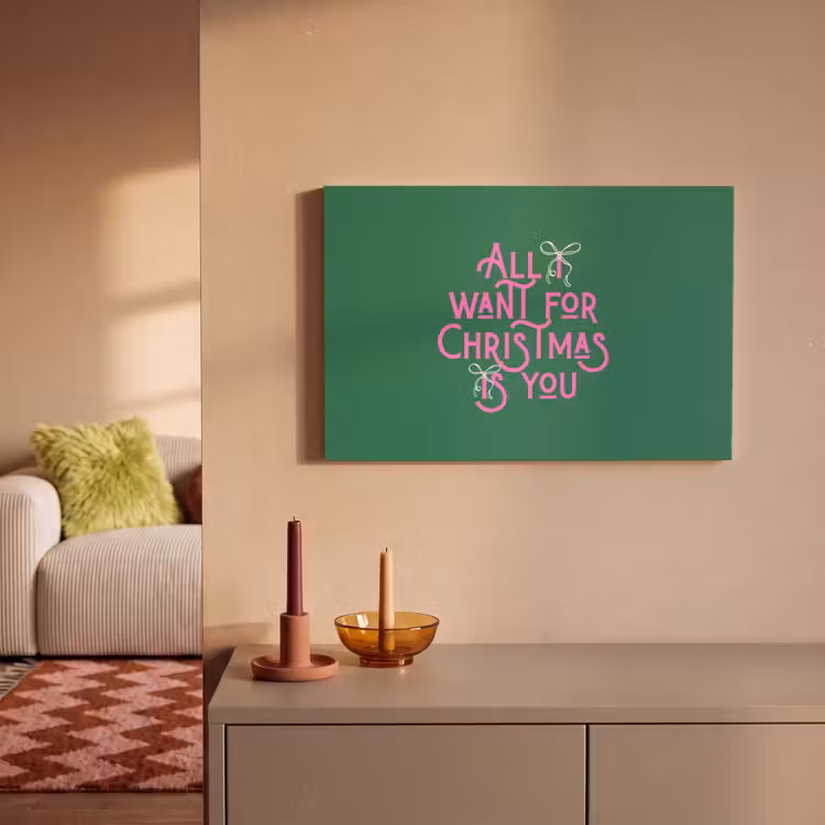 Canvas schilderij - Kerst - Tekst - Roze - Groen — 1