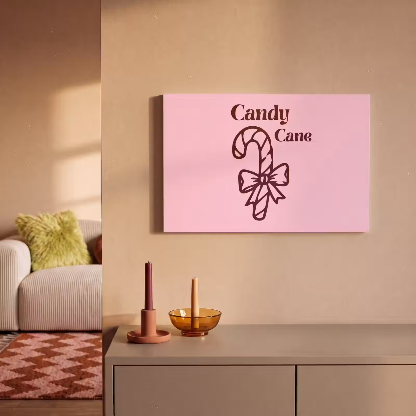Canvas schilderij - Kerst - Snoep - Tekst - Bruin - Roze — 1
