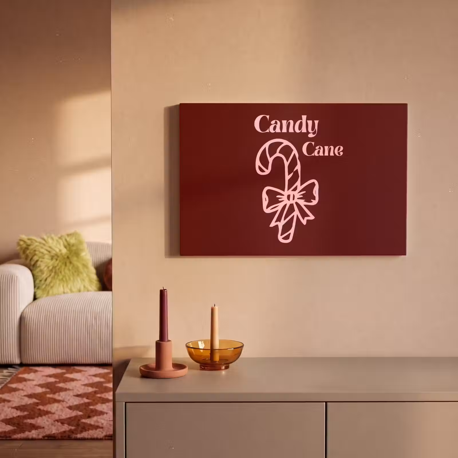 Canvas schilderij - Kerst - Snoep - Tekst - Roze — 1
