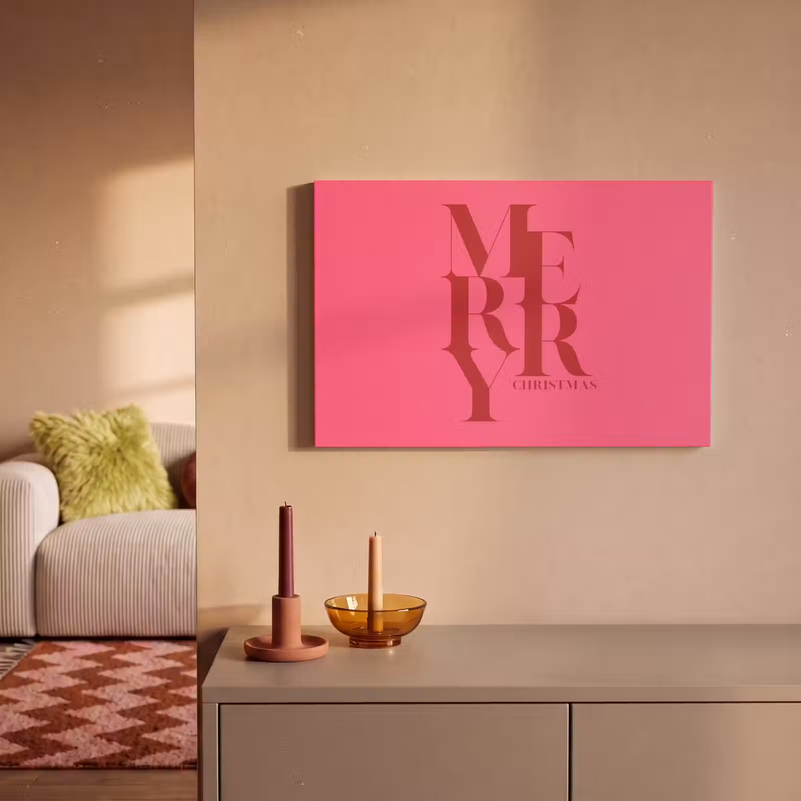 Canvas schilderij - Merry - Tekst - Kerst - Roze — 1