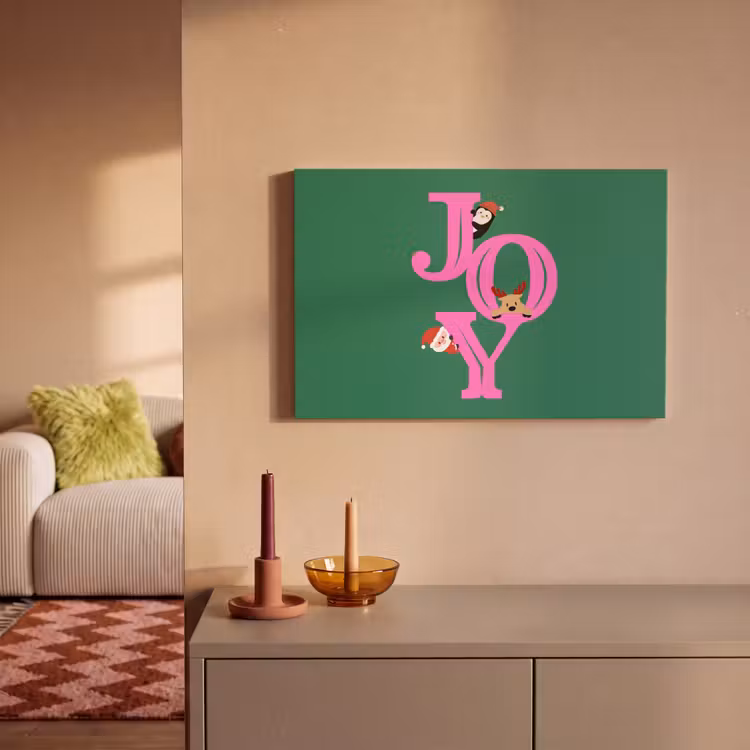 Canvas schilderij - Joy - Kerst - Animatie - Roze - Groen — 1