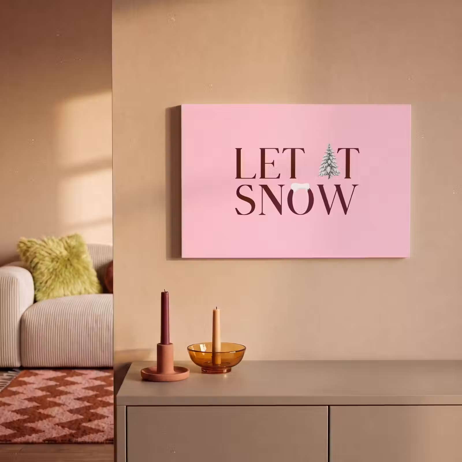 Canvas schilderij - Kerst - Tekst - Sneeuw - Roze — 1