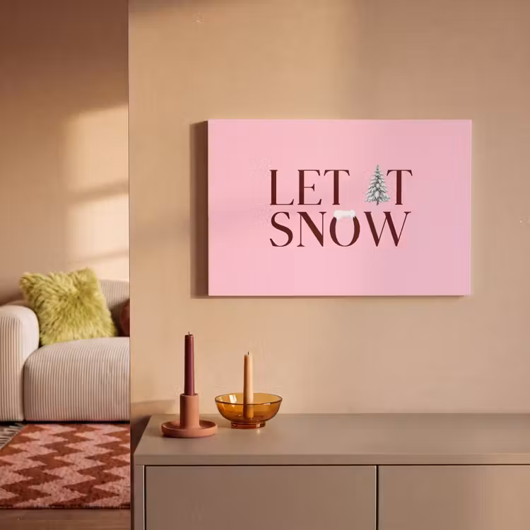 Canvas schilderij - Kerst - Tekst - Sneeuw - Roze — 1